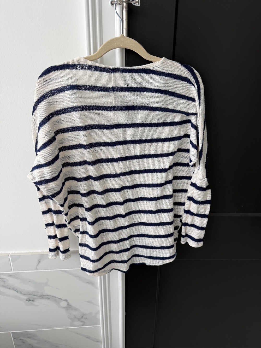 Striped V-Neck Women's Sweater - Navy and Cream - Picture 4 of 4